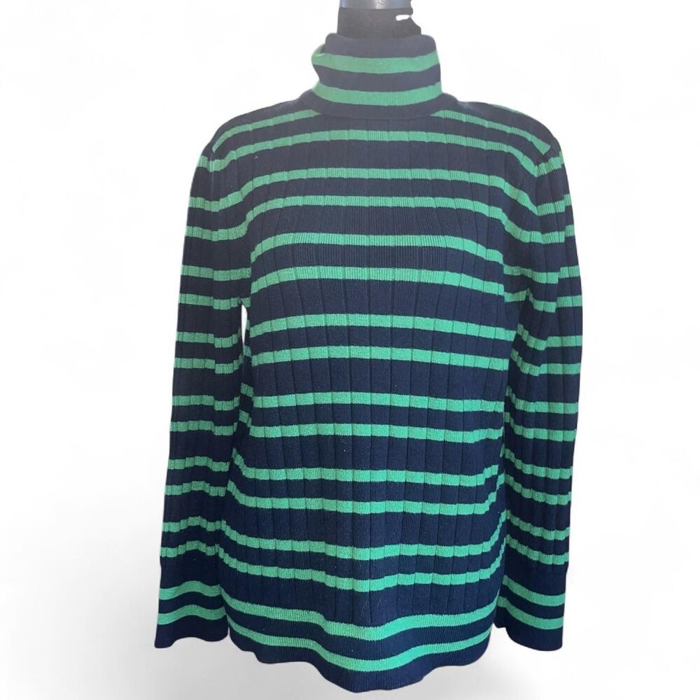 Talbots Women's Green and Navy Striped Turtleneck Knit Sweater SZ XL